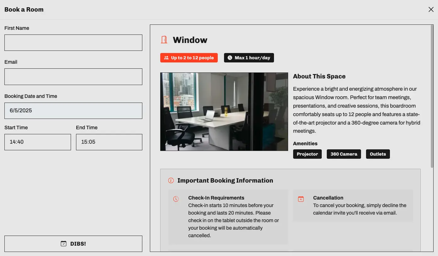 Booking modal interface