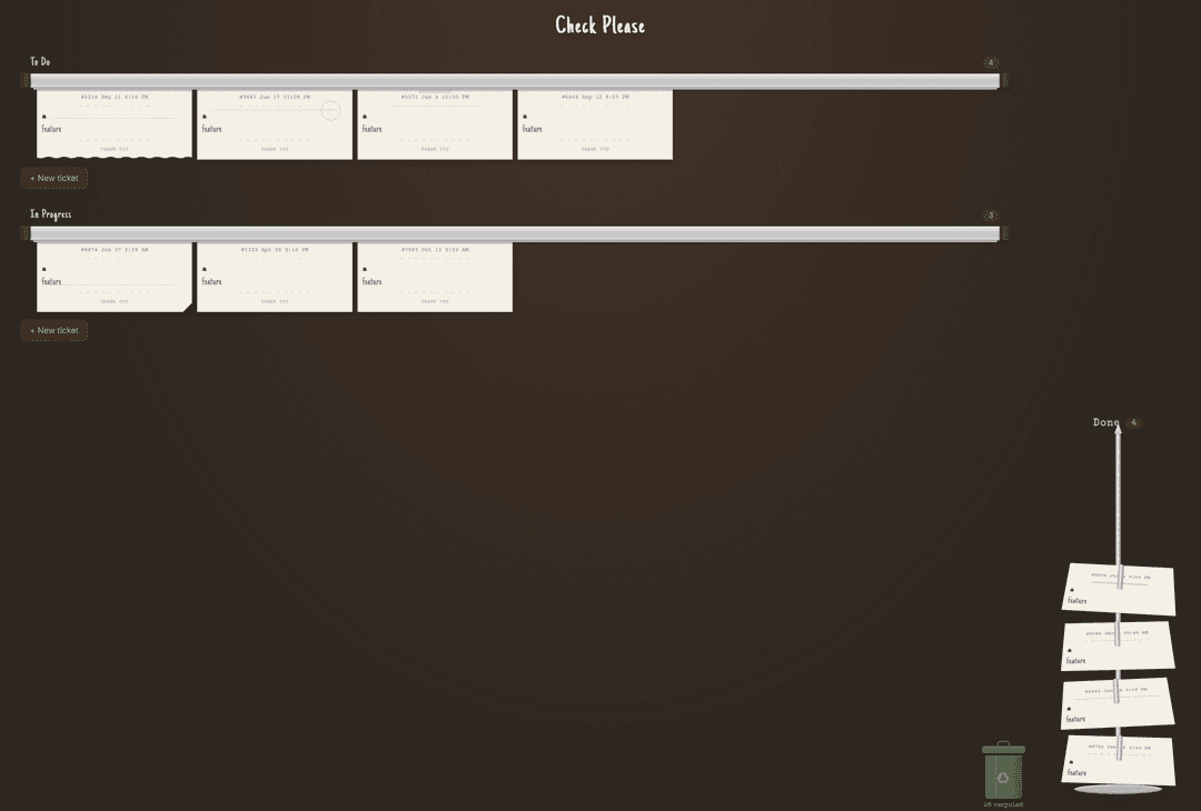 Check Please kanban board showing tickets on a diner rail with a receipt spike for completed tasks