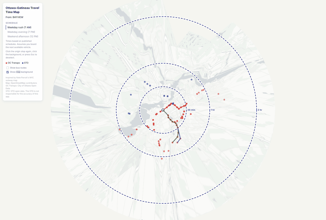 Occasional Transpo interactive transit time map for Ottawa–Gatineau