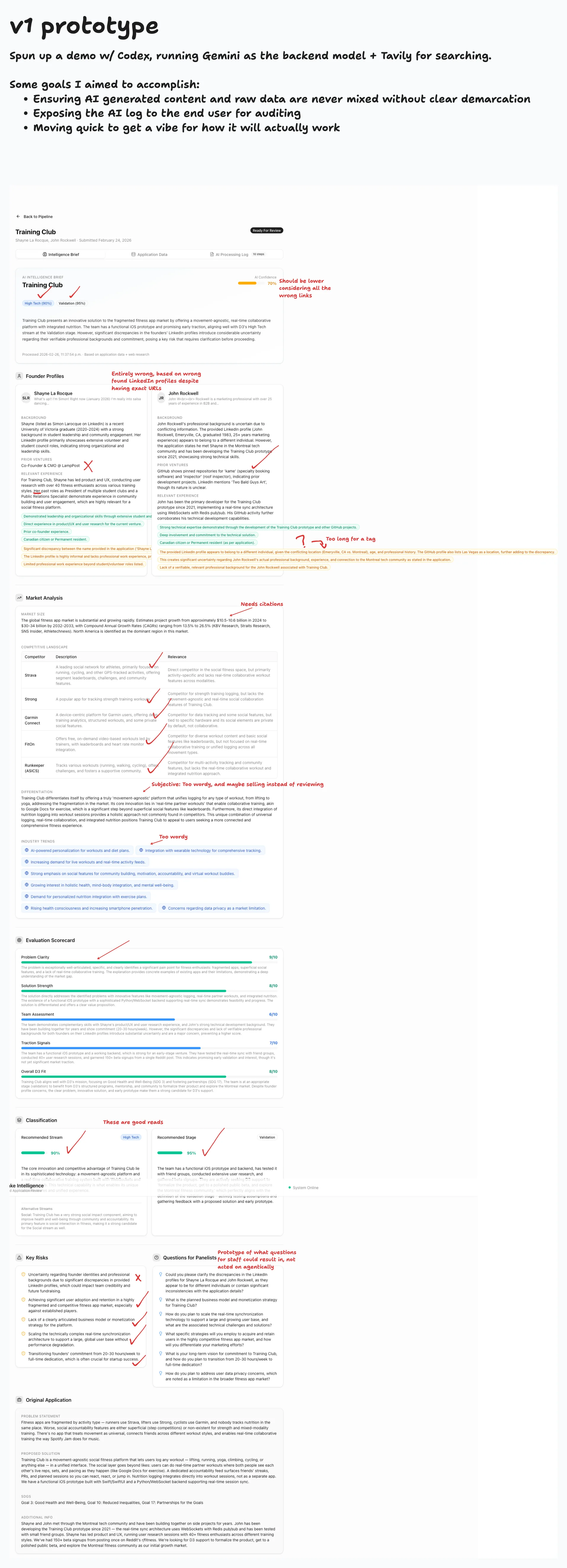 Super tall screenshot of the V1 scripted pipeline output with handwritten notes scribbled on it identifying problems