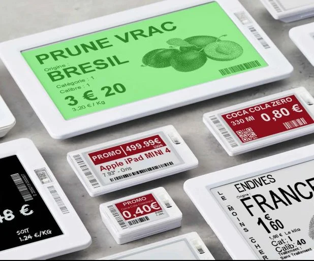 Electronic shelf labels displaying product names, prices, and promotional information