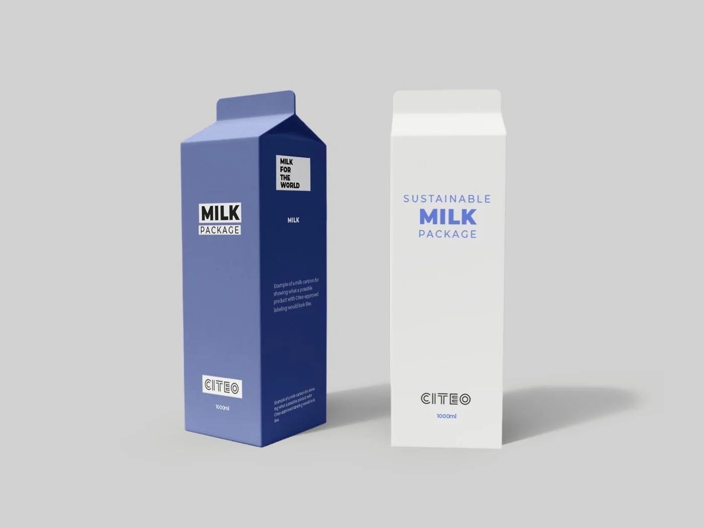 Packaging mockup of two milk cartons carrying the Citeo wordmark