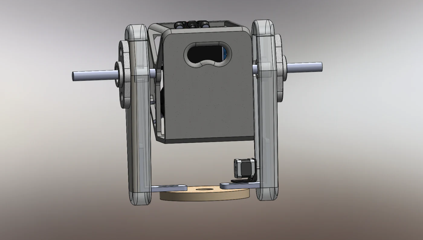 Shaded CAD render of the binocular head mounted in its yoke with drive motor and base flange