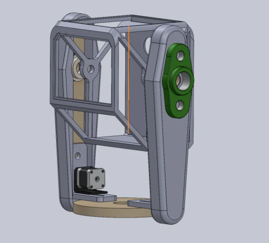CAD view of the gimbal with bearing flange highlighted, stepper motor, and slip-ring column