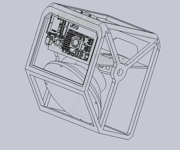 Wireframe CAD view showing the Raspberry Pi board and speaker packaged inside the head