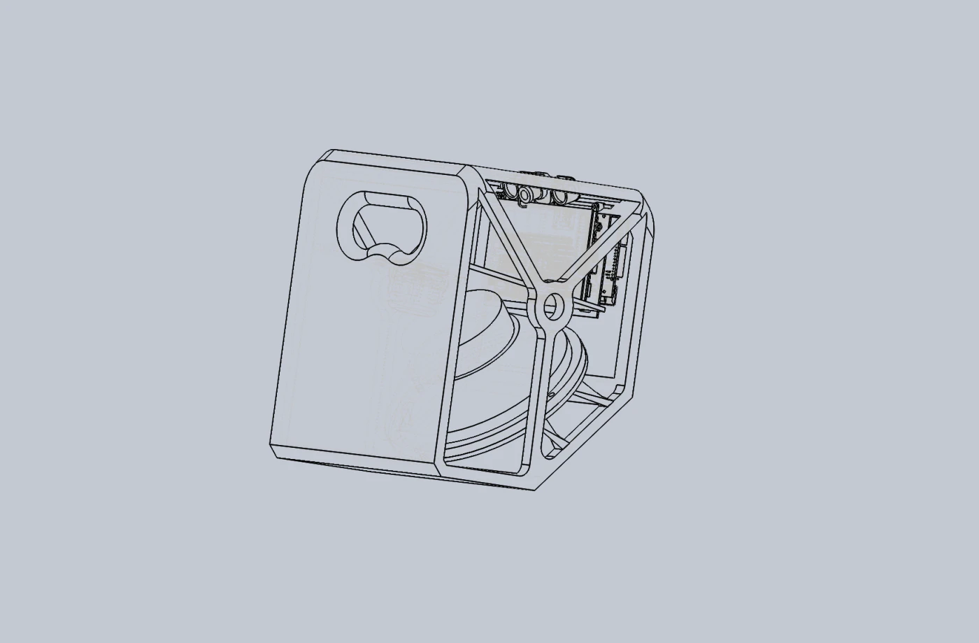 Wireframe CAD view revealing the internal frame and mounting structure