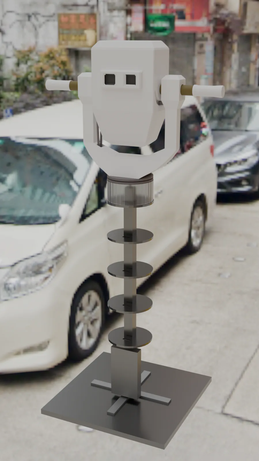 Rendered binocular device with an exposed slip-ring column on a city street