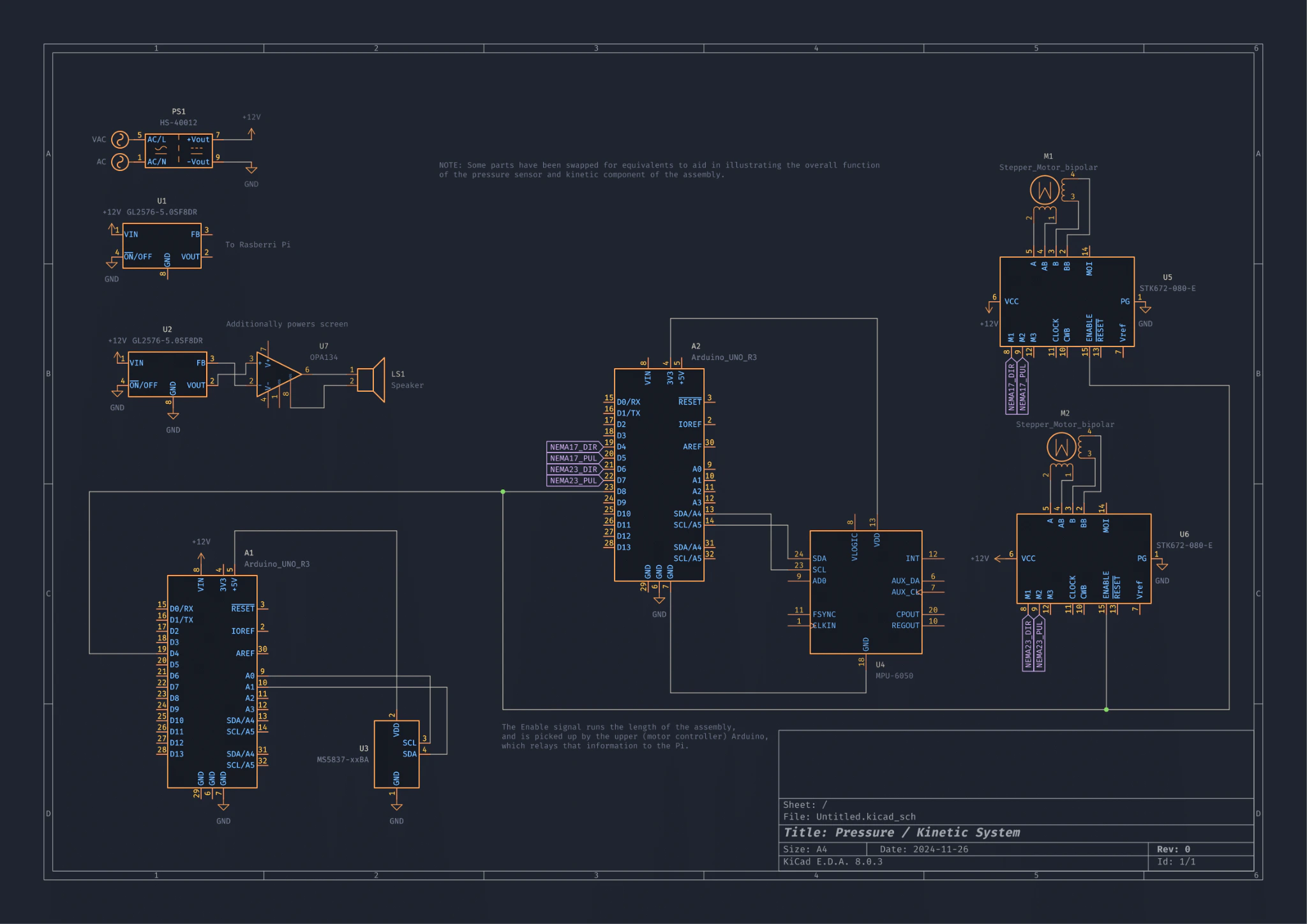 KiCad schematic of the pressure and kinetic system showing dual Arduino UNO R3 boards, MPU-6050 IMU, stepper drivers, regulators, and speaker amplifier