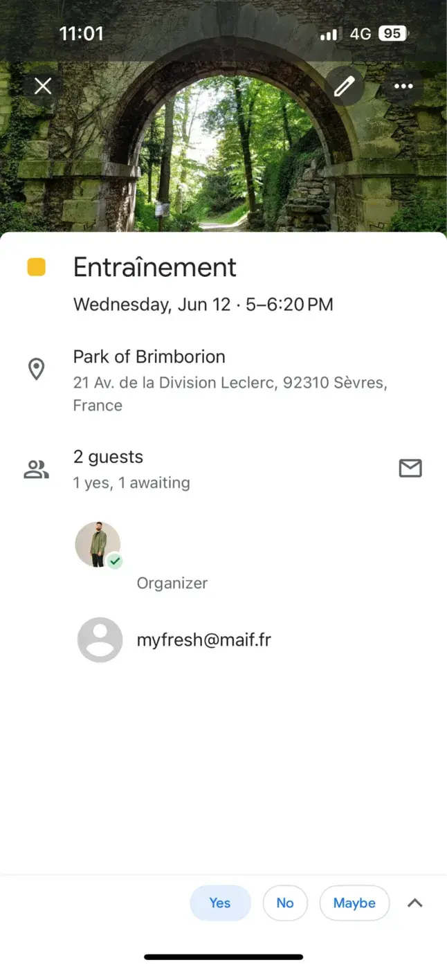 Google Calendar event detail showing MyFresh added to the guest list of a training session