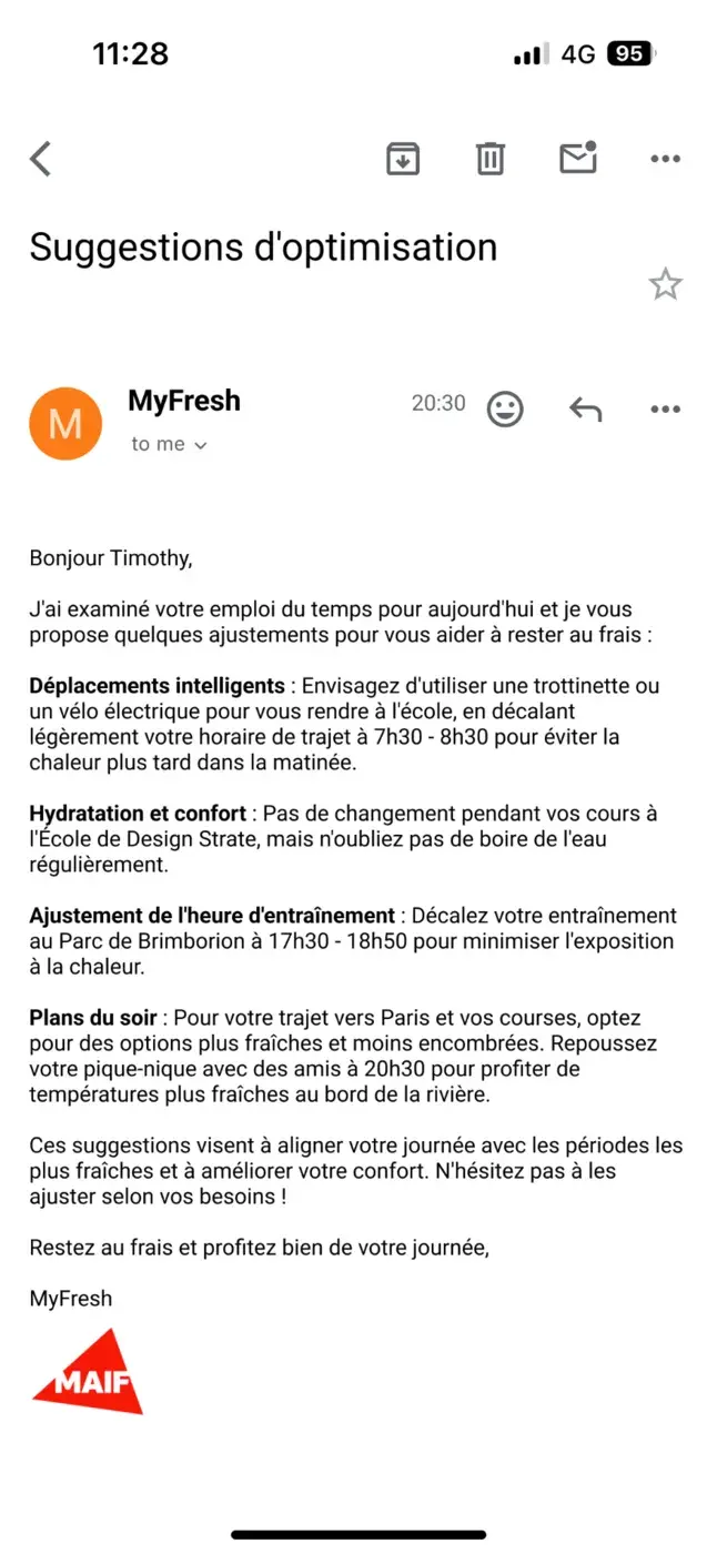 Gmail message from MyFresh containing a briefing with a weather summary and proposed schedule adjustments