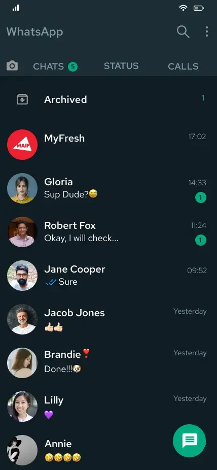 WhatsApp chat list in dark theme with a conversation named MyFresh sitting among ordinary personal contacts