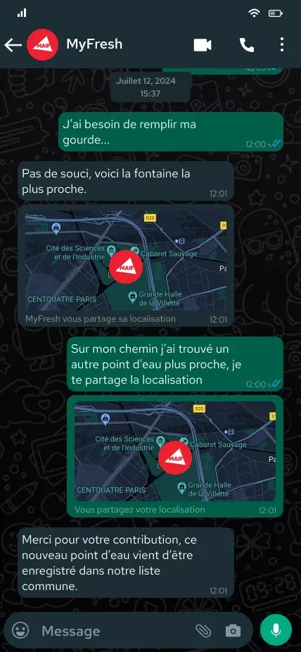 WhatsApp conversation where MyFresh shares the nearest fountain and the user shares back a closer water point, which MyFresh confirms has been added