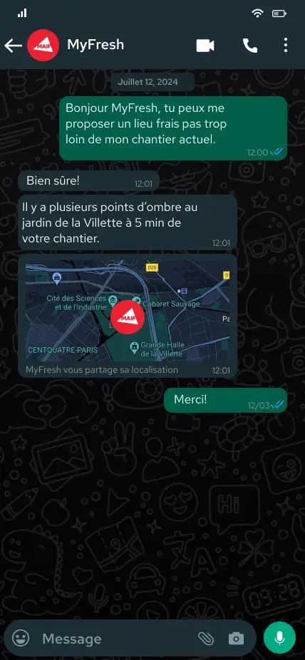 WhatsApp conversation where the user asks for a cool spot near their worksite and MyFresh replies with a shaded garden and a shared location