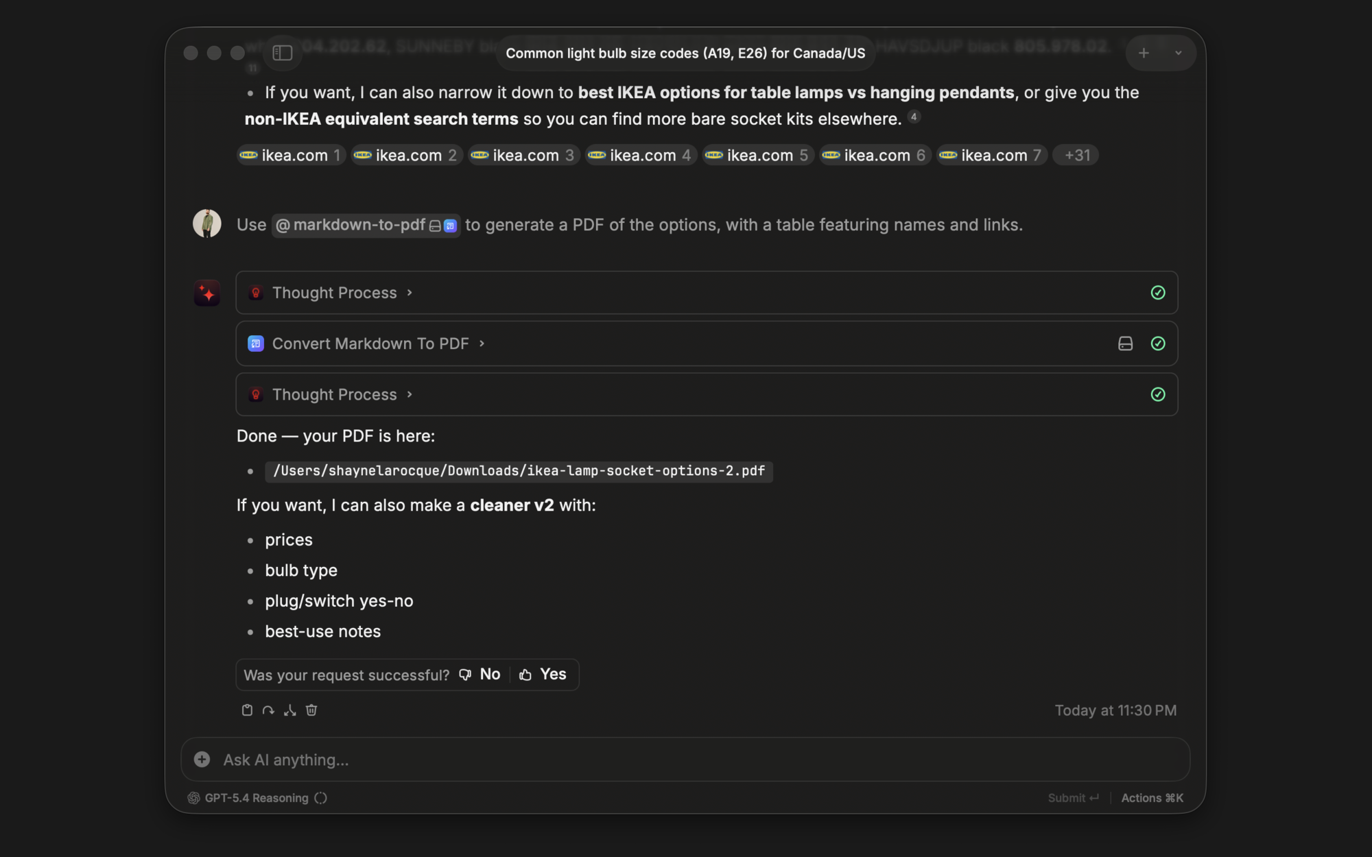 Markdown to PDF Raycast extension converting markdown content into a styled PDF in AI Chat