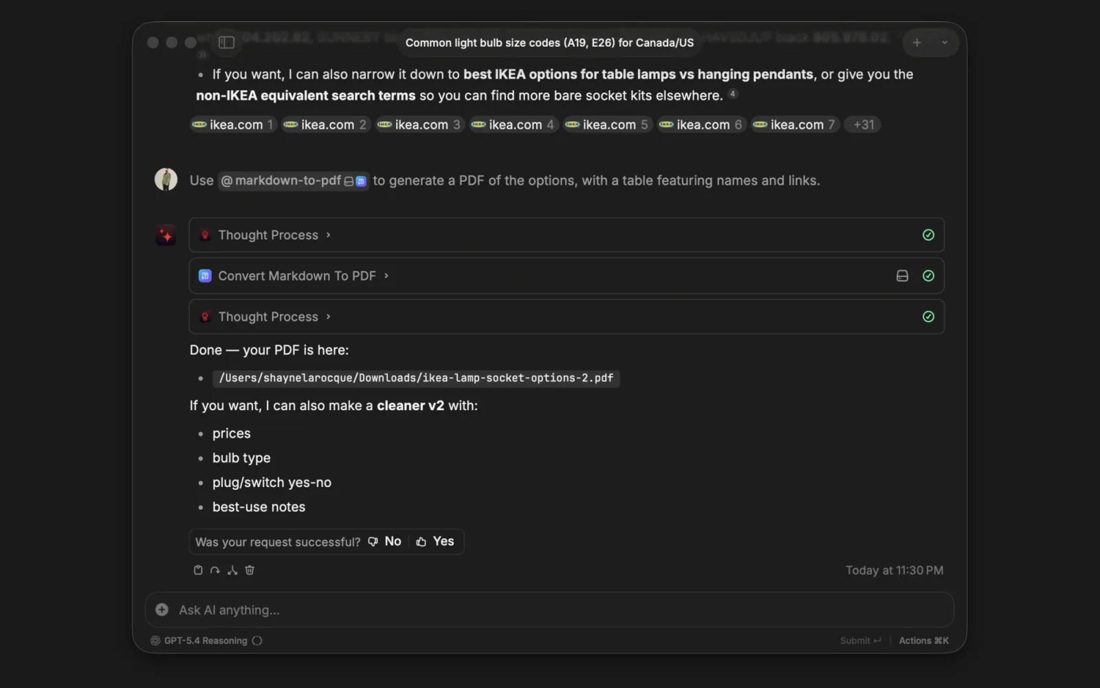 Markdown to PDF Raycast extension converting markdown content into a styled PDF in AI Chat